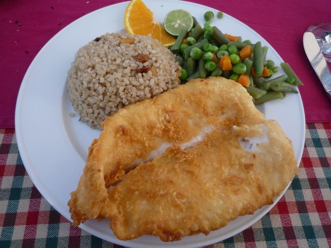 メインのお魚です。<br />カリっと揚がっていて、白身で臭みもなくすごく押しいかったです。<br />付け合せのライスもいいお味です！！！<br /><br />さあ、これで大都会カイロに向けて出発です。<br />スエズ運河通るんだよな〜<br /><br />ってスエズ運河寝てました。でも確かに通ったらしいです。