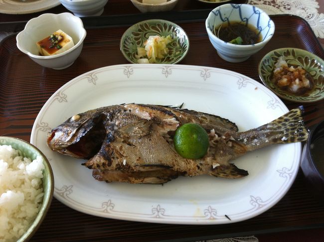 恩納村にあります”仲泊海産物料理店”に久し振りに行って来ました。<br />ここは昼ご飯しか行った事が無いのですが（車で行くので夜は酒飲めない＝行かない。苦笑）<br />その日に捕れた魚を一匹丸ごと出してくれます。<br />写真は焼き魚定食です。<br />昔は魚一匹で焼いて食べていたと思いますが、何時の間にか切り身ばっかりです。<br />満足しました。<br />