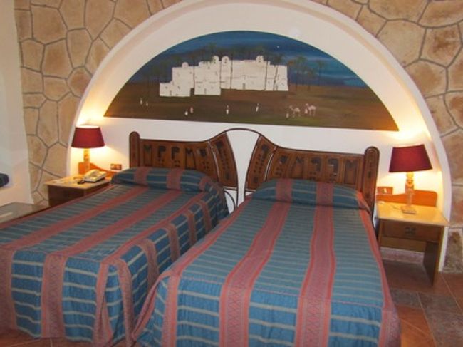 この日のホテルは今回旅行中唯一のコテージ式ホテルでした。<br />他の宿泊地は都会だったので、<br />立派なチェーンホテルだったのですが、<br />ここはアブシンベル神殿で持っている地区なので田舎です。<br />敷地面積は宿泊者数に比較してかなり広いと思います。