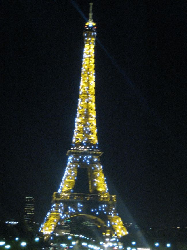 真下まで行く。まだエレベーターは動いている。<br />シャンパンフラッシュに合わして、シャイヨー宮に戻る。<br /><br />この位置が一番いい。<br /><br />９：００ジャスト。光った！シャンパンの泡のよう。<br />もう、満足♪