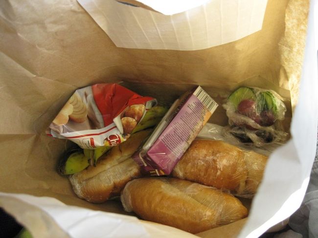 クルーズ船が用意してくれた本日のランチ<br /><br />サンドイッチ<br />（ビーフ・ターキー・ゴマペースト）<br />非常にしょっぱい漬物<br />（キューリ・オリーブ・ナツメ）<br />バナナ<br />（色は悪いが、すごく美味しかったです）<br />ホテチ<br />マンゴージュース