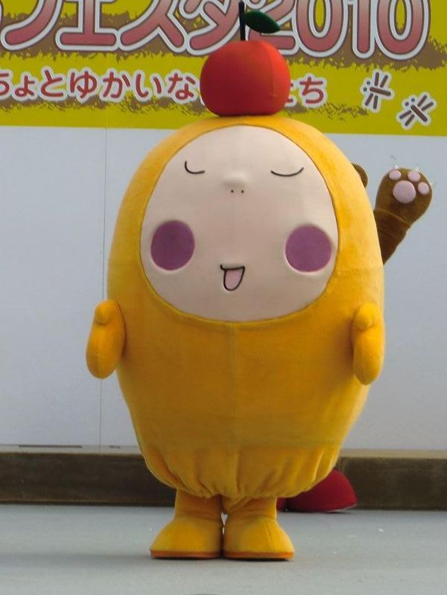 ぽぉ（飯田市）<br /><br />いいだ人形劇フェスタのゆるキャラ<br /><br />肉球が見えている手はハンバーグマです。<br />頭上のりんごが狙いかな？<br /><br />じっとしていると「ふきだし」がでてきそう