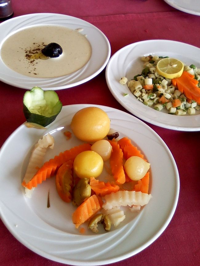 こちらの3つも食べれず。。<br /><br />奥は前菜で必ず出る「タヒーナ（ゴマのペースト）」。<br />手前は、めちゃめちゃしょっぱからい、ピクルス。<br />こちらは両方とも試食済みのため、美味しくないと記憶済み（笑）