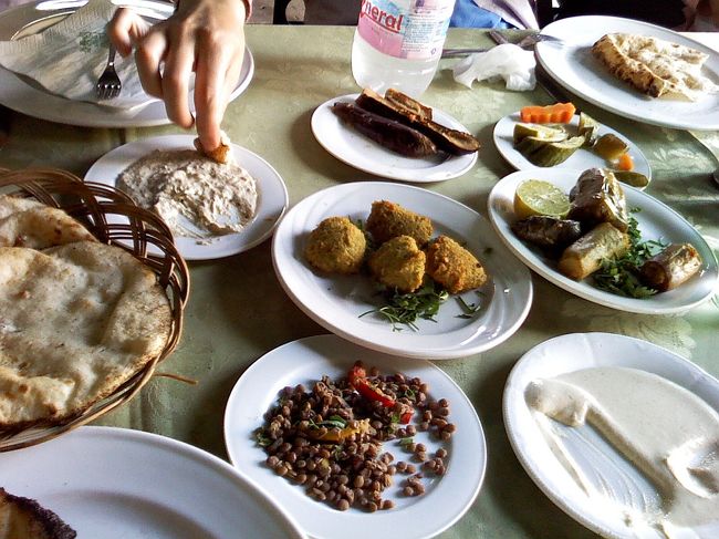 こちら、毎度おなじみの前菜たち。<br />前菜たちは美味しくないと認識したので、あまり手を出さず（笑）<br /><br />色々試した結果、<br />毎食出るタヒーナ（ゴマのペースト）は、<br />左隅のアエーシ（丸型のパン）に一番よく合います。<br /><br />昼食後、アエーシを焼いてるところを見学して、<br />写真を撮ろうと思ったら、すっごい怒られてバクシーシを請求された。。<br />怖かったぁ〜〜。<br />ちなみに予想はしてたけど、アエーシは使いまわししてました(￣∀￣)ﾔﾊﾘ<br />食べ残しのアエーシを、もう一回焼いてるところを見てしまった。。<br />