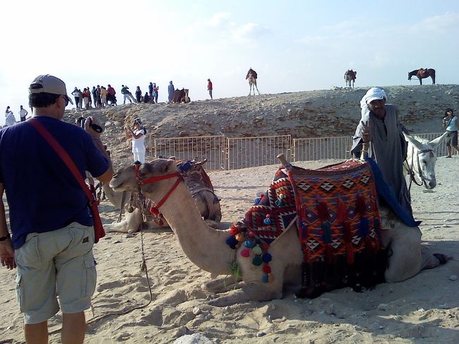 ラクダを撮ったつっもりが・・<br />良く見るとおじさんがピースサインしてる。<br /><br />エジプシャンは、勝手に写真に入ってきたりします?(･∀･ﾉ)ﾉ <br />ハトシェプスト女王祭殿でも、<br />横から急に肩を組まれて、ピースサインしながら割り込んできました。。<br />「写真代！」っていって、<br />バクシーシ請求されるかビクビクしてたけど、<br />大丈夫でした(ﾉ´∀｀*)