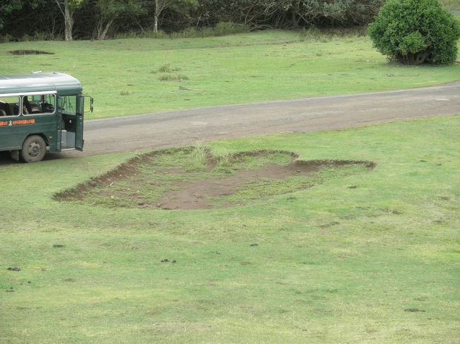 ジュラシックパークの足跡。<br />この他にも足跡がありました。<br /><br />本当はもっと大きかったそうですが、夜中に牛が転落するという事故があって小さくしたそうです。<br /><br />ちらっと写ってるのが、今回乗ったバスです。<br />ちなみにこのバス、窓ありません！<br />この日は前日に雨が降っていて砂が入ってこなかったんですが、そうでない日だと舞った砂が入ってくるそうです。