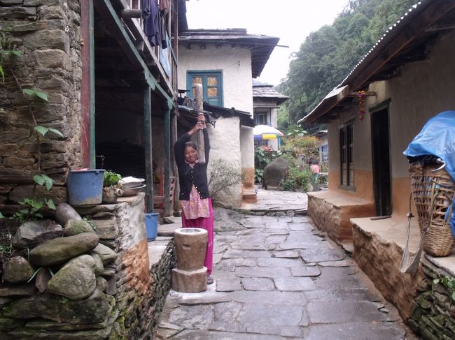 この町は古くからの宿場町で、すごく良い雰囲気がある。娘が木臼でコメをついている。<br />ダルバートをダイハードと言ってしまい、一人で苦笑い。キムチはネパール人にとっても非常にうまいと言っている。エゴマの葉を、セサミ葉っぱと言ってはぐらかす。<br /><br />血圧を測ってあげる。レストランの夫婦は１２０−８０といたって健康だけど、クリシュナは１５８−６２と訳のわからない数字が出る。<br /><br />ジャーマンもベルギーもイスラエルも皆そろっている。夕食はベルギーと同じものを頼む。HE and MEシェムシェムと言ったら、みんなが笑った。出てきたのは昨日と同じポテトチーズだった。