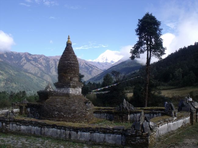 室内を見て回ると、中学生ぐらいの男の子の写真がある。よく見るとトレシャツの胸には、<br />校障がついており、真中に中の字がある。誰かが、中学校の体操着をネパールまで持ってきたのだろう。<br /><br />キノコはやはりダメみたいで捨ててもらう。ダルバートは結構うまい。牛肉のカレー味とジャガイモのカレー、スープだった。スープの下に沈んでいるのは、どうも蕎麦の実見たいので、ツァンパ？と聞くとやはりそうだった。ジリ近くではそばの白い花がいっぱい咲いていた。<br /><br />きれいな鳥が印刷されたカードがあった。使用済みテレフォンカードのようなので貰う。日本でもある裏の番号を削って、その番号で時間いっぱい使えるカードだ。