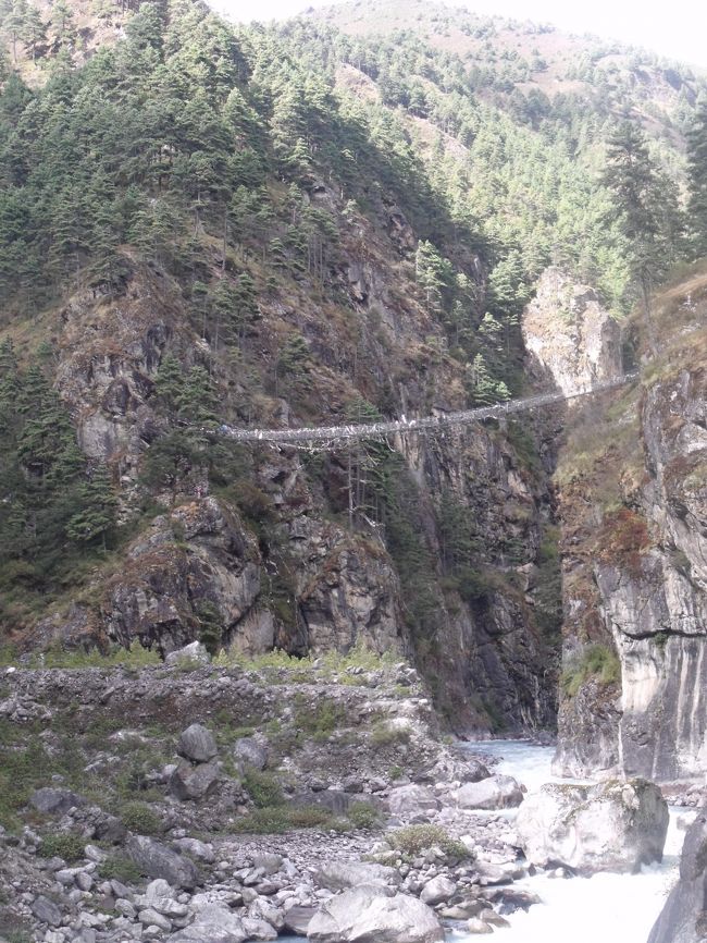 三度の川を渡ると、天国への階段になる。<br /><br />１３：３０ヒラリー橋　二つの川が合流する所にあるのがヒラリー橋。あのヒラリーさんが寄付してかけたもの。全然関係はないが、ヒラリーさんと私の誕生日は７月２０日。いよいよナムチェへの急坂が始まる。<br />１４：００一服　休んでいたポーターたちに日本人が来たら、ガンバ、ガンバと言えと教える。<br /><br />１４：４５ちょとした広場で、ミカンとグアバ２０RP×２を買い食す。<br />グアバはキィウィの仲間だと思う。種が固い<br />１５：００顔についていた種を取ってくれる。<br />外人団体のポーターが、忘れたバックをあわてて取りに帰ってきた。<br />気のせいか頭が痛いような気がしてきたので、また口すぼめ呼吸法をとる。<br /><br />１５：４５もうすぐナムチェと言うところで、今日はあまり水もとっていないのと、寒いのでチャイ屋にはいる。クリシュナは先に来ていて雑炊を食べていた。<br />道は広くて、蛇行しながら歩幅を小さくし、口すぼめ呼吸で登ったら、さほど苦しくはなかった。<br /><br />歩をはやめ　川にかるるつり橋の　われもゾッキョも邪魔とぞ思ふ<br /><br /><br />