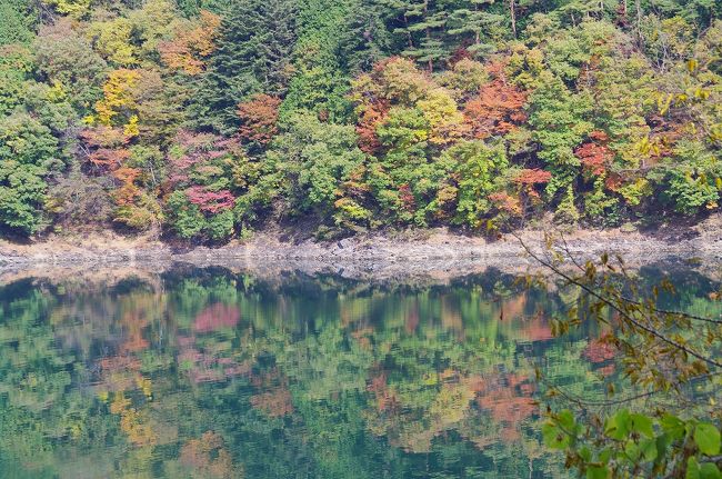 色とりどりの紅葉が鏡のように湖面に映っています。
