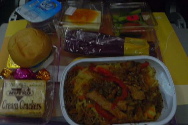 暗くて見えない写真ですが、機内食第2回目。焼きそば。