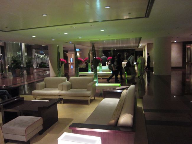 ちょっと喫煙に外へ。<br /><br />夜のロビーです。<br /><br />左手が入り口。右手にフロント。