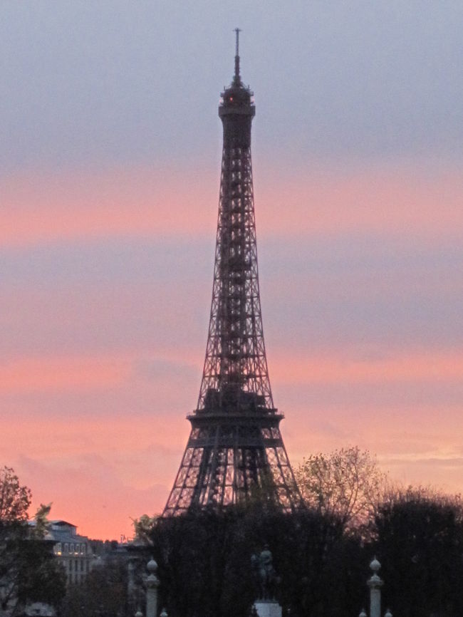 日が暮れてきて、空がピンク色になってきました。<br />チュイルリー公園から、エッフェル塔が、素敵！！