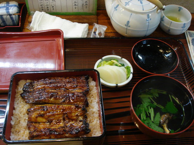 掛川駅でレンタカー返却。<br />　<br />１時間ほど時間があるので、ランチタイム。<br /><br />食べログで、評価の高かった「甚八」といううなぎ屋さんに入りました。<br /><br />席が少ないので、入ったら３組くらい待っていました。<br /><br />梅1450円、竹1650円、松1850円の3種類で私達は竹を注文。<br />うなぎは決して大きくはありませんが、ふっくらとしていて、<br />濃い目のたれが美味しい。<br /><br />