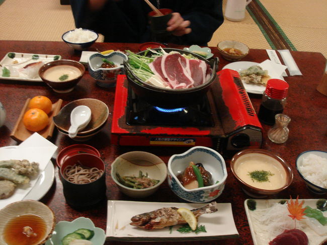 今日の宿は、寸又峡温泉の一番左奥にある、朝日山荘。<br /><br />3週間前で、大きめの宿は全て満室だったので、古そうだけどまぁ安いからいいかな、とここを選びました。<br /><br />部屋は、６畳で布団を２枚ひいたらいっぱいいっぱい。<br />トイレも部屋にはなく廊下の共同トイレです。<br /><br />でも「美人づくりの湯」の天然温泉は、ぬるぬる感が本当に<br />お肌によさそうで、乾燥肌の私も次の日はずっとお肌がしっとりしてました。<br /><br />そしてお料理が美味しい！<br />山の幸づくしで、鍋は鴨鍋です。<br /><br />宿に関しては、総合的には満足かな。