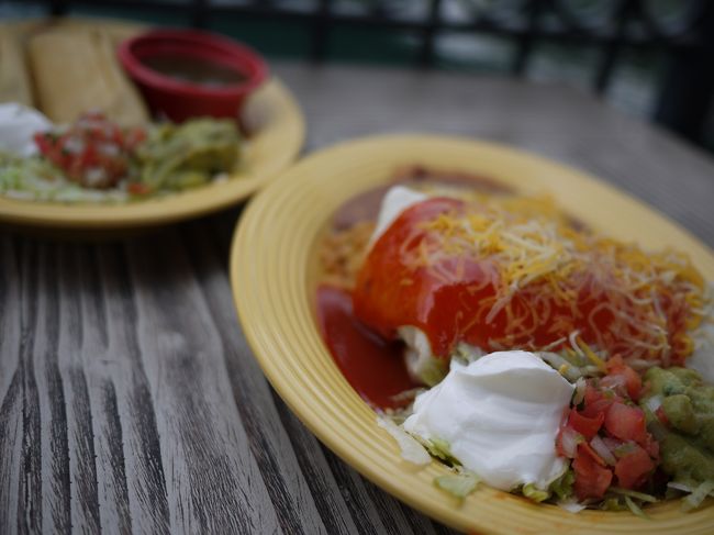 飛行機の中で朝食を食べて以来の食事です。<br />メキシコ料理「Cocina Cucamonga Mexican Grill」にてchicken tamales &amp; cheese burritoを調達しました。<br />個性的な味且つ量が多く残してしまいまた。