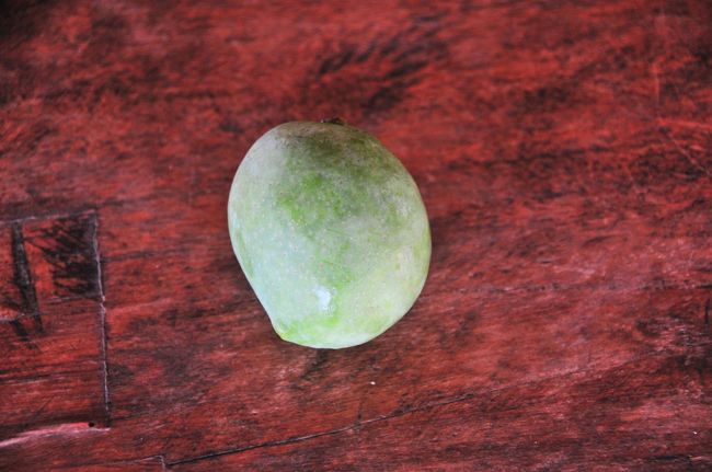 日本ではあまりお目にかかることのない、緑の小ぶりのマンゴー中も薄黄緑。かなり酸味が強く、これはしぼってカシャーサに混ぜて飲みます