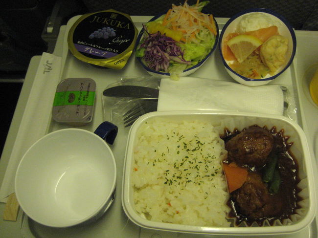 時間通り無事離陸〜♪<br />機内はがらがらに空いていて、隣２席は空席。らくちん☆<br /><br />離陸後１時間もしないうちに機内食が出てきました。<br />メインは日本橋「たいめいけん」とコラボしたミートボール<br />または牛丼が選べました。<br />私はミートボールを。なかなか美味しいです♪