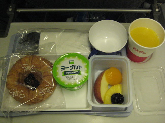 ２〜３時間ほど寝て、<br />コンサートや映画を見たりしているうちに<br />もう到着１時間半前。<br />２回目の機内食が配られました。<br /><br />アップルデ二ッシュ、ヨーグルト、フルーツ。<br />乾燥した機内で食べるフルーツは、<br />とっても美味しく感じます♪