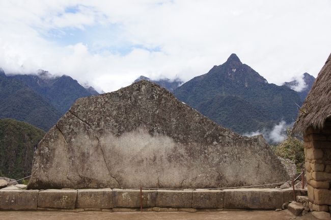 ２つのワイラナの間に設置されているこの大きな１枚の石、これが「聖なる石」です。この石、奥に見える山と形がそっくりじゃありませんか？奥に聳えるヤナンティン山を模しているそうです。大きさはなんと幅７ｍ６０ｃｍもあります。<br />インカの人々にとって、山々は神であり、このマチュピチュ内にはいくつもの山の形をした石があります。山を模した石を作って祈りをささげていたのでしょうね。<br />