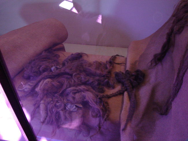 第4ブロック内：人間の髪の毛で作られた生地<br /><br />アウシュビッツ収容所が解放された時、ソ連軍は倉庫で袋に入った約7トンの髪の毛を発見した。それは本来ならば収容所管理局がドイツ本国にあった工場へ送って儲けようとしたものだった。専門家による髪の毛の検査によると、その中にはチクロン化合物に毒性をもたらすシアンが発見された。そしてその髪の毛を使って、ドイツの会社はマットレスと布地などを作っていた。<br />また、殺された人々の死体から抜かれた金歯は、金の延べ棒の形で、ドイツ中央衛生局へ運ばれた。