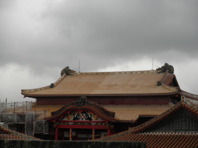 首里城、メイン？は有料です。<br />この日はほんとに寒くて…無料区間を急いでみました（笑）<br /><br />これはちらっと見える有料の区間です。<br />漆の塗り直しをしているそうです。<br /><br />とにかく寒くて、自販機で温かいお茶を購入して琉球村へ向かいました。<br />車の中で、もらったサーターアンダギーを食べました。<br /><br />…脂っこいと勝手に思い込んでて、一度も食べた事がなかったのですが…<br />うま〜！おいしい！！<br />なんか…懐かしい味っていうか、優しい味で。<br /><br />お土産に買って帰りました。