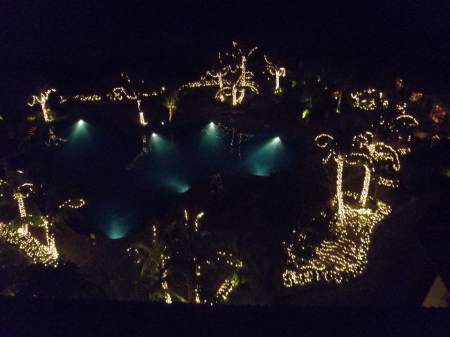 部屋からプールを撮影。<br />綺麗にライトアップされています。<br /><br />ホテルの入り口までの道もイルミネーションされてました。<br />