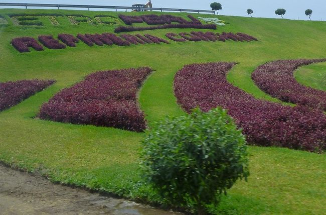 リマ→ナスカ、土手にPERUの花文字。