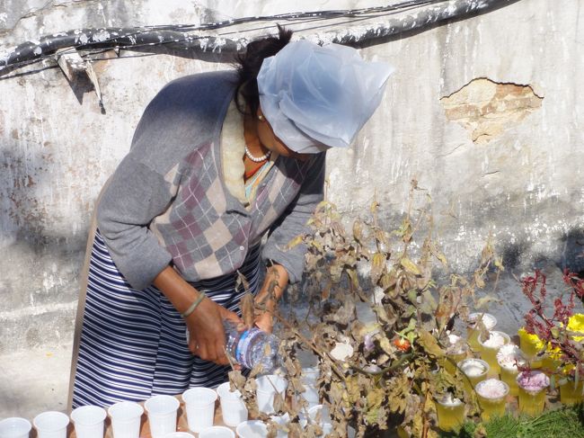 ストゥーパの周りにはぎっしりと寄進されたバターランプが。<br />満月の夜灯がともされるらしいが、さぞかし幻想的だろう。<br />係の人がバターランプに花を入れているが、髪の毛が入るのをふせぐためなのか、スーパーの買い物袋のようなものを頭にかぶっている。<br />