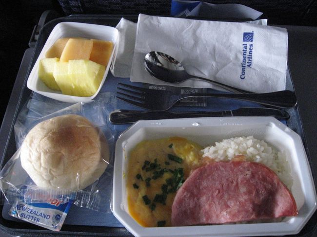 大人用機内食①<br /><br />スクランブルエッグとハム、ガーリックライス。ヒルトンで食べたライスより美味しい♪