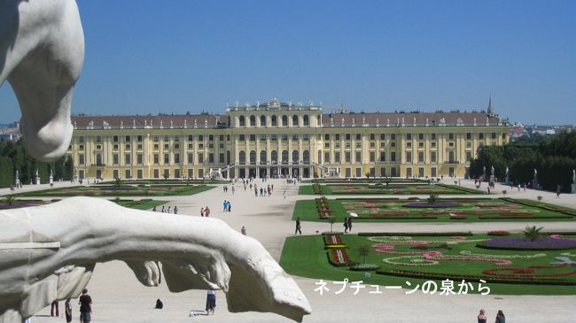 「ネプチューンの泉」を上がり、彫刻の後ろから宮殿と庭園を眺める