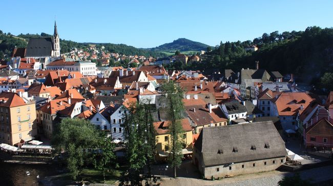 曲がりくねって流れるヴルタヴァ川とチェスキークルムロフの街並み