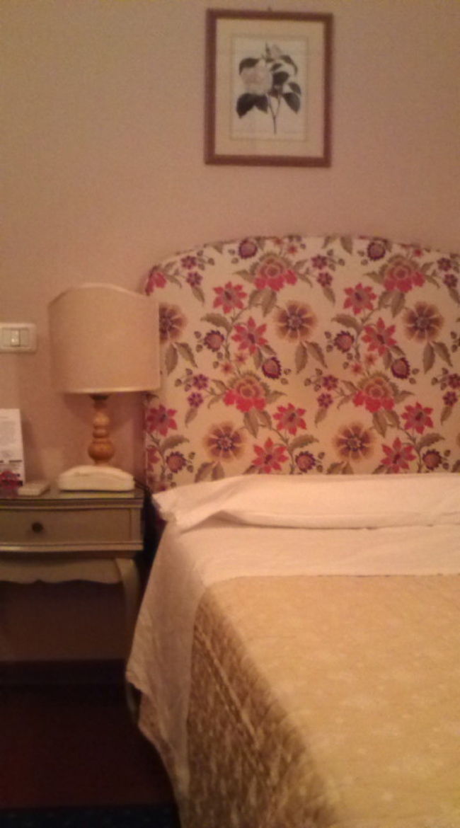 このホテル、紹介用の写真は天蓋つきのベットでしたが、私の部屋は天蓋はついてませんでした。ダブルの部屋にあるのかな？と。でもピンクっぽい花柄のベットでかわいかった。女の人向けですね〜