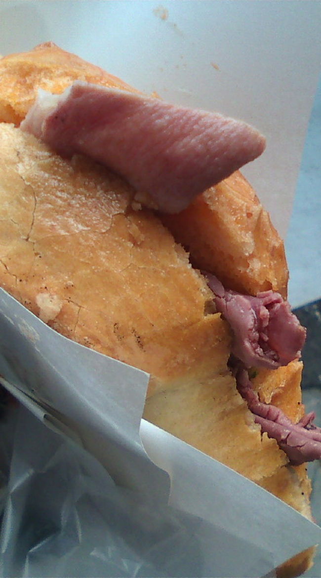 これがモツ煮込みのパニーノ。味は意外にもあっさりめ。臭みはまったくないので、くにゅくにゅしたハムのよう^^　３ユーロ　手ごろでおいしいです。