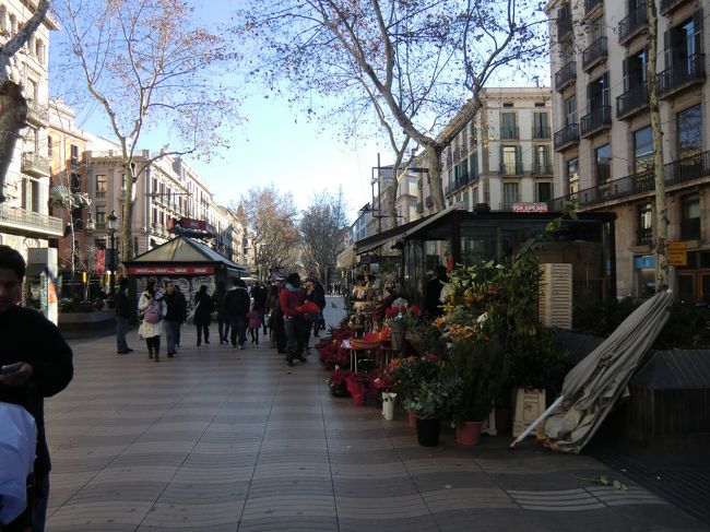 昼間のランブラス通り<br /><br />結構賑わっています。<br />クリスマスでもお土産屋・露天の花屋や飲食店は開いており、<br />大道芸人も絶賛営業中です。<br /><br />きっとランブラス通りには「カキイレドキ」という言葉があるのでしょう。