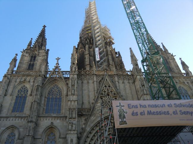 ガイド本のバルセロナの項の一番最初に乗っている<br />ゴシック地区のシンボル・カテドラルです。<br /><br />5時からミサがあり、参加して良いそうなので<br />バルでタパスをつまみながら時間をつぶし、ミサに参加しました。<br /><br />写真とっていい雰囲気じゃなかったので内部の様子は文章のみ。<br /><br />内部はとっても広いので、席は半分くらいしか埋まりませんでした。<br /><br />私は中ほどの端っこの席を確保。<br />邪魔にならないよう、気配を消して周囲との同化を心がけました。<br />忍法、影うすい人の術<br /><br />ミサの流れはこんなです。<br />唐突に司祭の助手みたいなおっさんが歌を歌い、ミサスタート。<br />(オルガン伴奏のきよしこの夜。聖歌隊によるハモリ無し)<br />　　↓<br />スペイン語わからんので想像だが、<br />多分、資金援助してくれた人の名前？を読み上げ<br />最後に「ありがと〜ね〜♪」と助手のおっさん歌う。<br />　　↓<br />司祭さんが、多分クリスマスのご挨拶や<br />ありがたいお説教をいう<br />　　↓<br />司祭さんやシスターが水が入ったボウルを持って立つ。<br />並んで順番に手に水をかけてもらう儀式<br />（私は参加せず）<br />　　↓<br />この時点で退出者が出始める<br />　　↓<br />また、助手のおっさんによる名前列挙と歌。<br />　　↓<br />袋を持った人が、参列者から順番に寄付金を回収してまわる。<br />この頃には大分人がまばらに・・・<br />　　↓<br />司祭さんが何事か言い、周囲の人と握手をし始める。<br />私も握手を求められたので前後左右と握手をする。<br />　　↓<br />おわり<br /><br />もっと聖歌隊とかが出たり、<br />クリスマスソングをたくさん歌うものと思いきや、<br />それほど歌が上手くも無い助手が適当に歌っただけだったのが<br />驚きでした。<br />ちょっとミサのイメージが違ってたようです。<br />(あと、教会の中はクリスマスの飾りつけとか無いんだ〜と思いました)