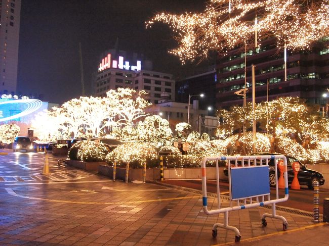 帰りに通ったロッテホテルではこんなライトアップが。<br />昨年は青＆白だったような。<br />今年の方が豪華で良いですね。<br /><br />ホテルに一度荷物を置いたら、Fさんお待ちかねのカジノへ！