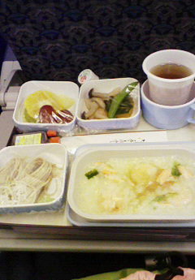 成田→カイロのエジプト航空の二回目の食事<br /><br />シーフードおかゆです。こちらもとってもおいしかったです♪<br /><br />*お水についてですが、私は成田で飛行機に乗りこむ直前に１Ｌ・５００ｍｌ×２本のペットボトルと３５０mlのお茶を買って持っていきました。<br />現地では、空になった350mlのボトルに水を移し変えて飲んでいました。<br /><br />個人差はありますが、３泊で２L位持っていくと足りるかと思います。（ただ重いですよね）