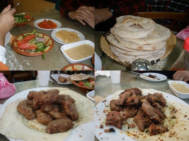 お昼はレストランにいきました。<br /><br />炭焼きのお肉です。<br /><br />左上はサラダ・ゴマペースト・ポテトサラダ<br /><br />パンは一枚１円だそうです。<br /><br />ナマのサラダとひき肉を食べるのはエジ下痢が心配でしたが・・・<br />美味しくいただきやした〜〜〜☆