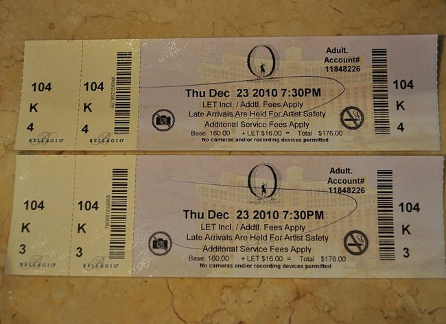 ２３日　１９：２０<br /><br />長い列に並んでチケット購入の番になりました。<br /><br />「なるべく、センターで前の方」と頼んだのですが<br /><br />「本日ならあるけど明日・明後日は後ろの方の席しかないですよ」<br /><br />「じゃ本日１０分後のショーで良い席をお願いします」で決定<br /><br />２人で３００ドルくらい。