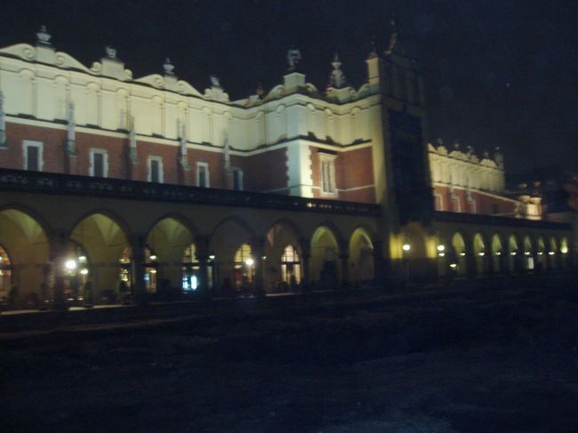 クラクフで食事をした後、クラクフで有名な建物の織物開館のライトアップ。美しいですね。