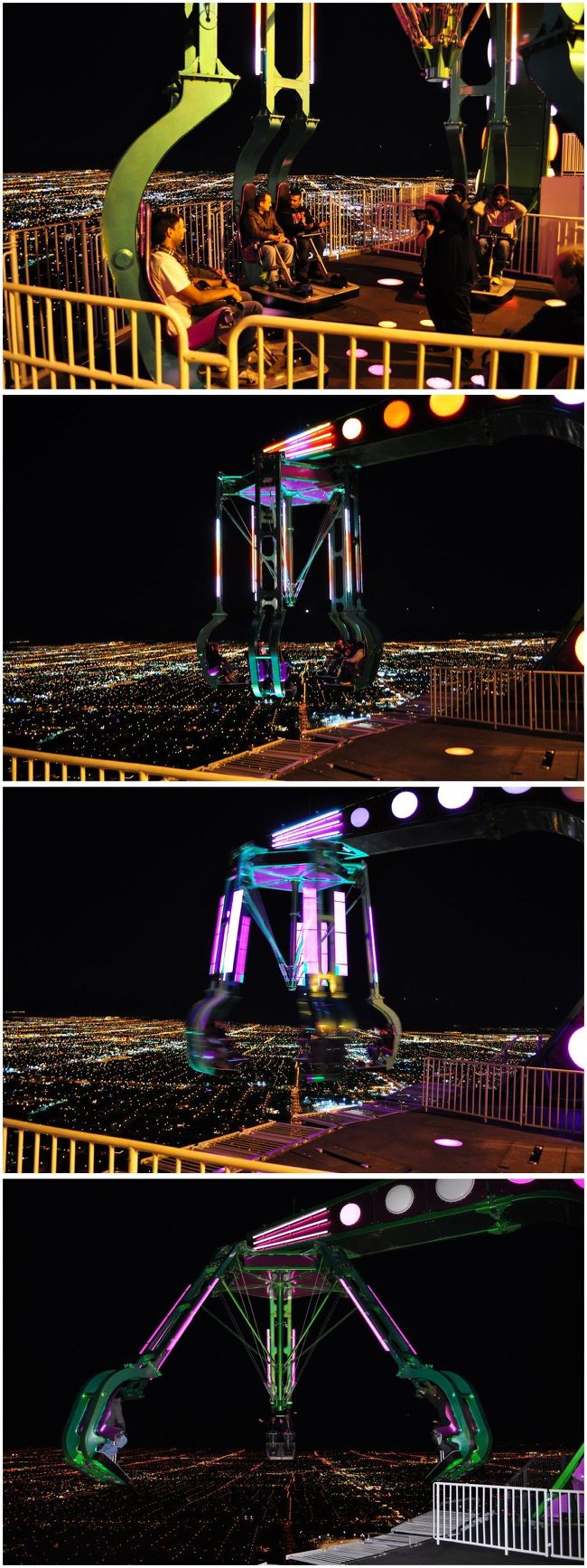 ２７日　２０：４５<br /><br />「インサニティ」<br /><br /><br /><br />メチャ夜景綺麗に見れるし最高。<br /><br />奥様は回り物に弱い。これ苦手みたいだった。<br /><br />写真は無いが「ビック・ショット」も乗りました。<br /><br />並んで待ってる時に日本の女の子のグループと<br /><br />話したら、ご近所さんでした。ビックリ！！