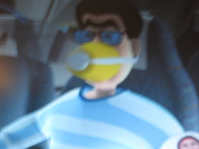 機内の非常案内。<br /><br />エジプト人？<br />眉毛がウケる。