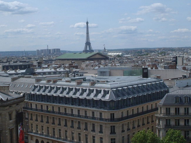 ギャラリー・ラファイエットのレストランでブッフェの昼食。<br />まあまあ品数があり、対面調理のメニューもありましたが、なにせ高い。2,500円程度の昼食となりました。<br /><br />屋上に出ると「オペラ・ガルニエ」の背後とエッフェル塔を見ることができました。<br />反対側は、モンマルトルの丘が見えます。