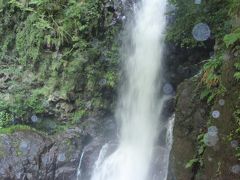 一番上流の滝、「釜滝」
バス停から　遊歩道に入り、長い階段を下りてくると、水の落ちる音が聞こえてくるとともに　だんだん涼しくなってきます。
滝に近くはすごい水しぶき。
超〜マイナスイオン