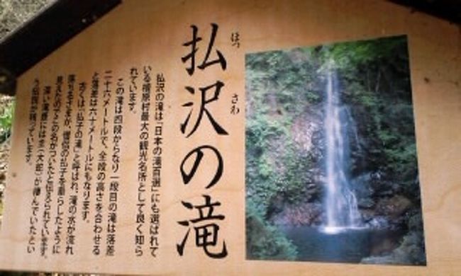 払沢の滝<br /><br />檜原村で最大の観光名所。<br />北秋川の支流のセト沢にある4段の滝で、1段目の落差が26m、全段で合計60mとなっている。滝が僧侶の払子を垂らした様に似ている事から、かつては払子の滝とも呼ばれていた。<br />滝壺には大蛇が棲んでいたと伝えられている。<br /><br />
