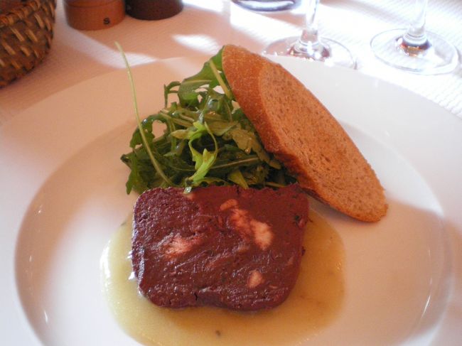 前菜のウサギのテリーヌとリンゴのソース。<br /><br />テリーヌは血か内臓が入っていると思われるこっくりとした味。<br />リンゴの酸味のあるソースでさっぱりと頂けます。