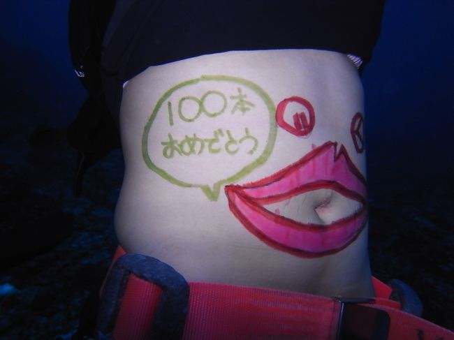 忘れてはいけない、本日１本目は私の１００本記念ダイブ♪<br /><br />なんとお祝いに、昨日ＵＮＯのバツゲームで誕生したＮＥＷキャラのピョンキチくんが駆けつけてくれました！<br />『100本おめでとう』って言ってくれてる〜。<br />楽しくて笑えるお祝いに、感激でした。<br /><br />続いて２本目は一緒に潜ってた方が３００本記念で、ピョンキチさんお化粧直しして再登場、ハードスケジュールです。<br />大活躍の人気者！