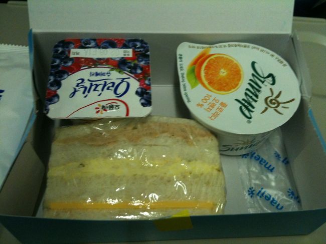 一番安い行き方を考えて飛行機を調べてたら、エアプサンが日にち限定で往復16800円という激安航空券が！！<br />目的地はソウルだけれど、10年ぶりに釜山に行くも良いし、KTXも乗ってみたいし♪(これが後でどえらいことに。。。)<br />というわけでネットで予約。<br /><br />関空→釜山の間、LCCだしきっとなんも出ないだろうなぁ〜と思ってたんですが、サンドイッチとジュースとヨーグルトがでました。<br />そしてなかなかおいしい。