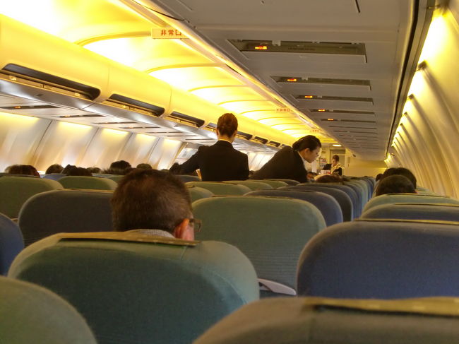 相模湾上空でベルトサイン消灯、機内サービスが始まりました。<br /><br />キャビンクルーは3名乗務していますが、その中に見覚えのある方が。<br />すぐには思い出せませんでしたが、年末（12/15）に073便に乗務されていた方でした。